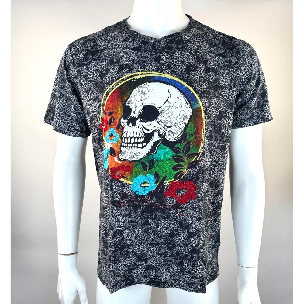 Robert Graham Sinful Skull Floral‎ T-shirt Mens L Short Sleeve Crew Neck Garphic